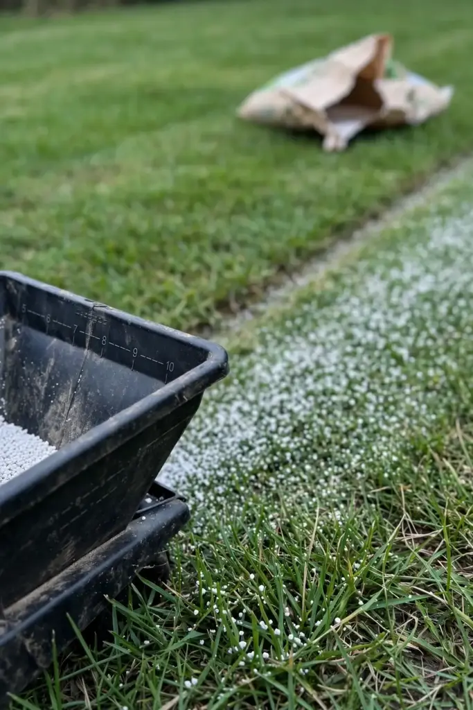 Fertilizer spreader on a lawn with granules scattered across the grass