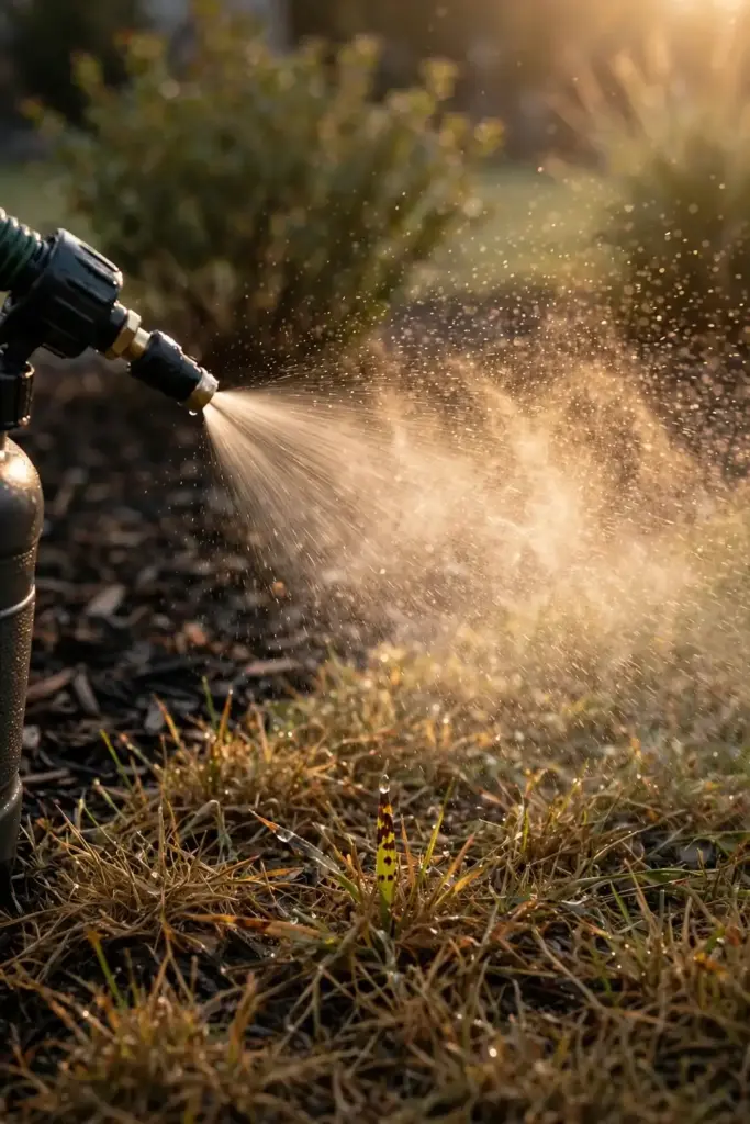 Pump sprayer misting a thinning diseased lawn patch in backlight