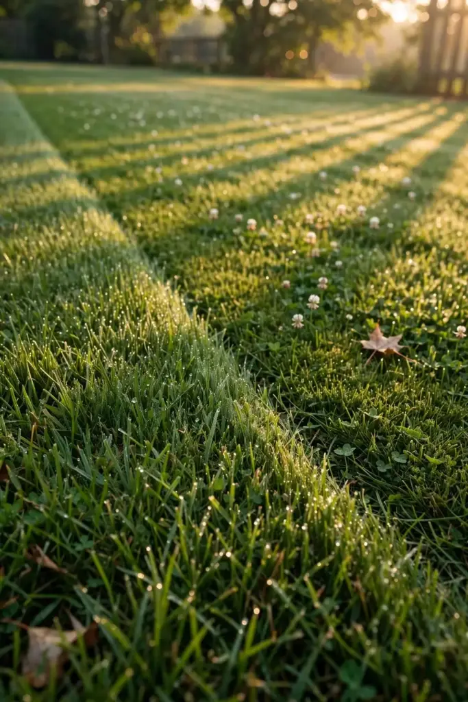 Healthy tall green lawn in morning light with a clean diagonal mow line