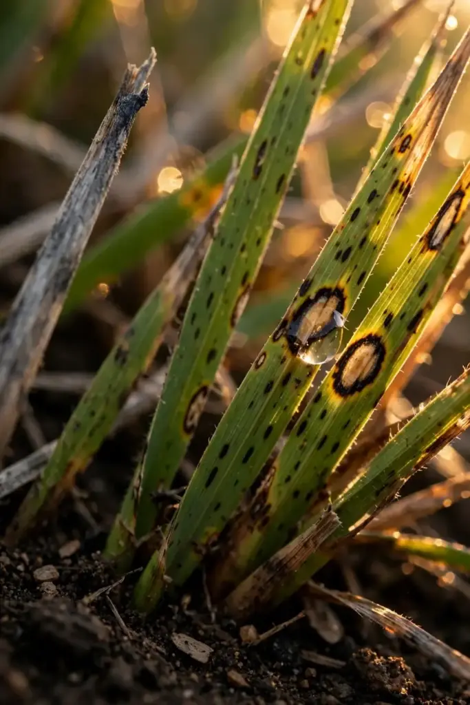 Close-up spread of leaf spot lesions with tan centers and dark borders on blades