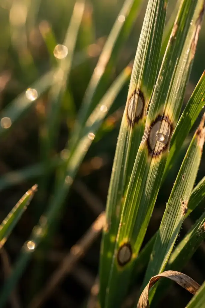 Macro of grass blades with tan-centered helminthosporium leaf spot lesions and dark borders
