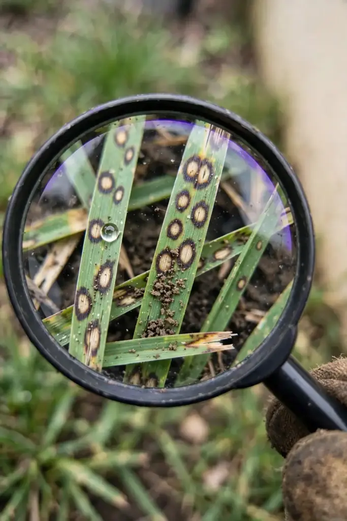 Magnifying glass enlarging tan-centered leaf spot lesions on grass blades