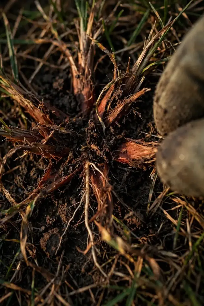 Reddish-brown rotted crowns at the turf base showing melting out damage