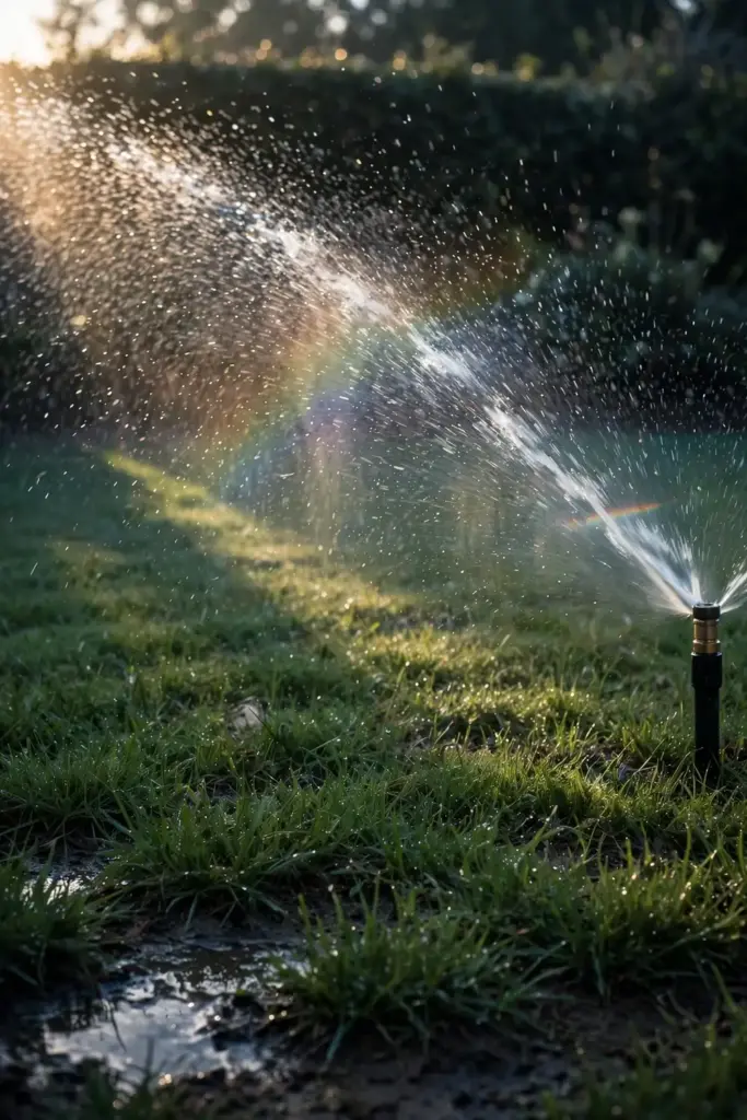 Sprinkler watering a lawn in early morning with droplets in the sunlight