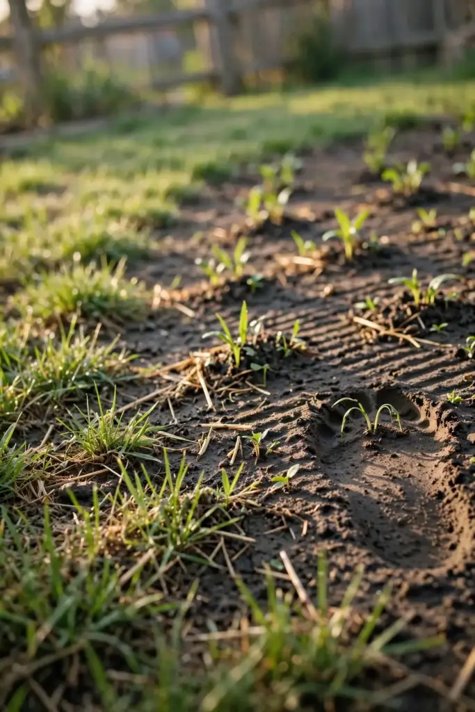 Recovering lawn with new seedlings sprouting in raked bare patches