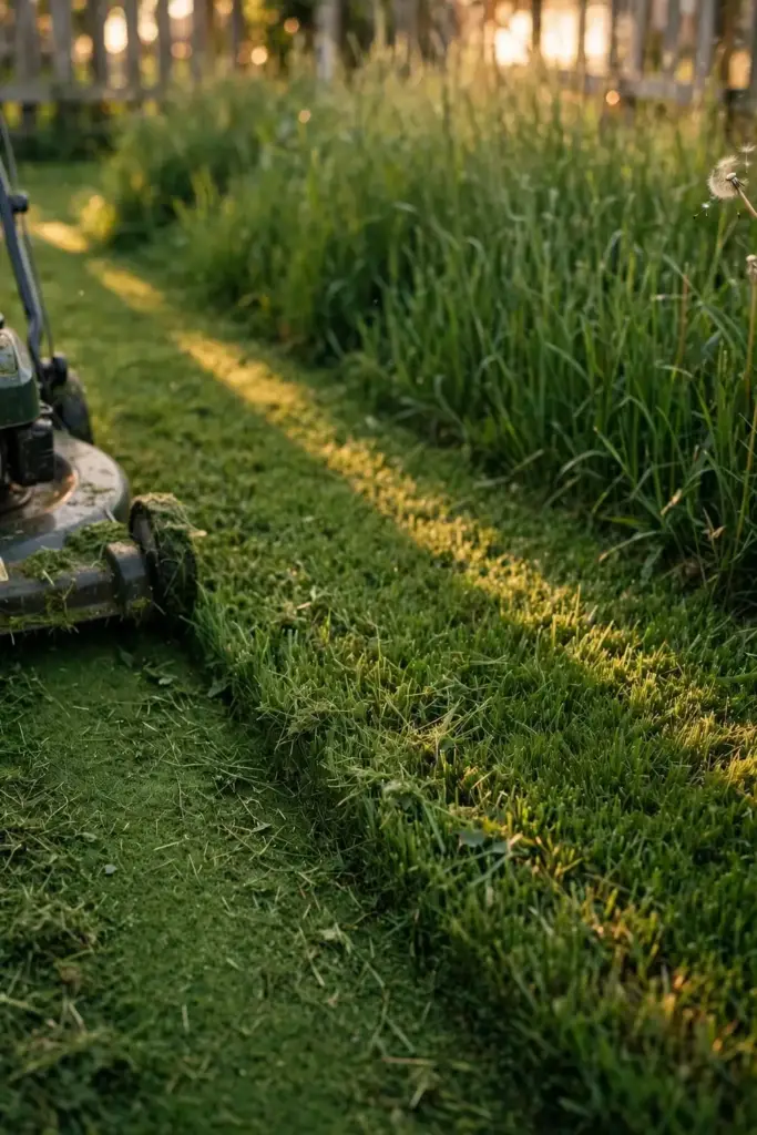 Push mower cutting a tall lawn with fresh mow stripes beside uncut grass