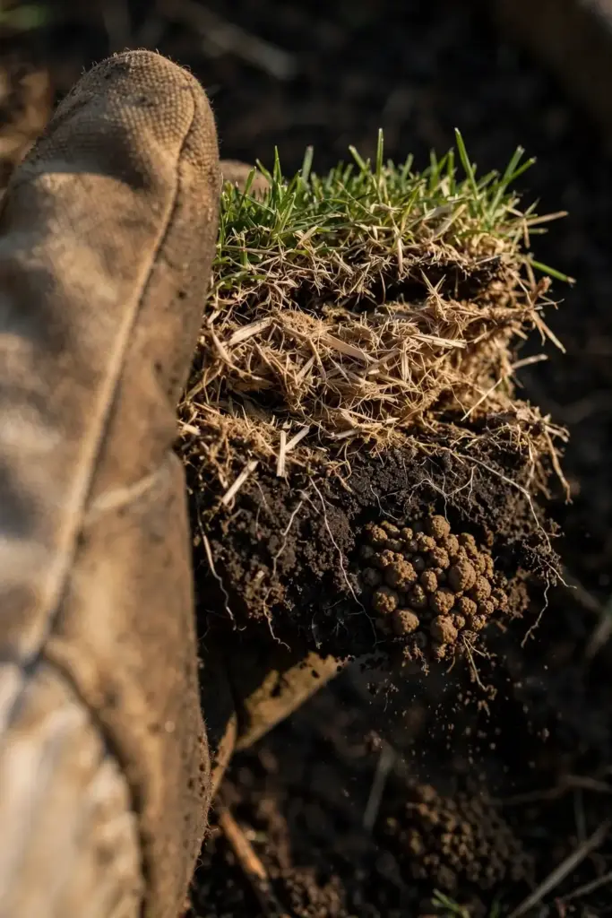 Turf plug cross-section showing the spongy thatch layer between blades and soil