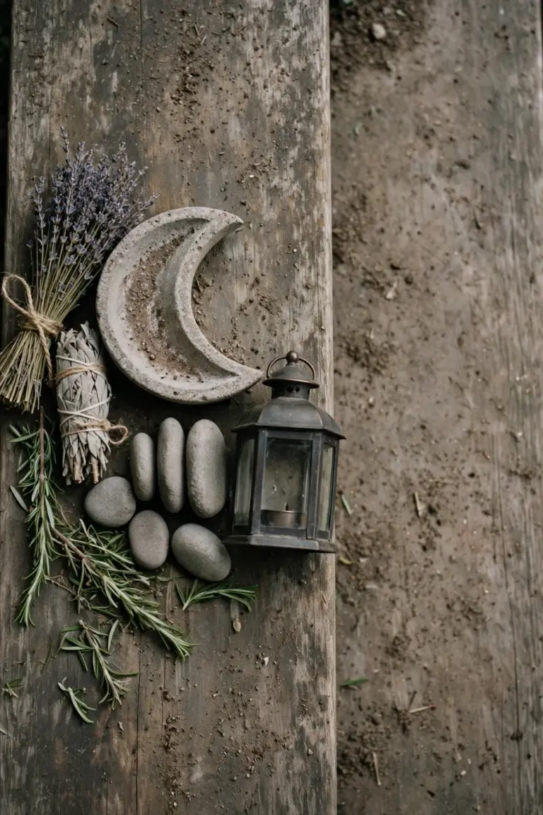Dried herb bundles, a stone moon bowl, smooth stones and a candle lantern arranged on a weathered bench