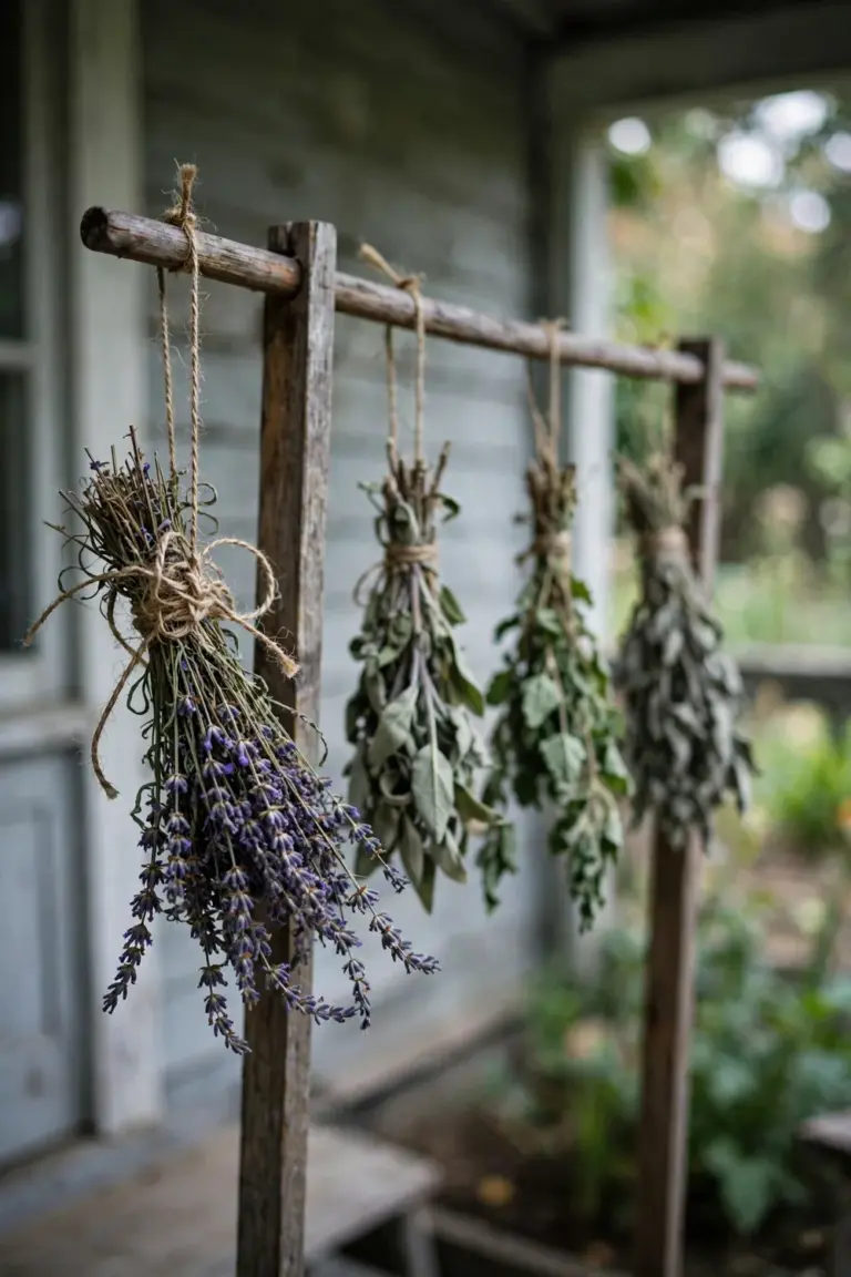 Bundles of lavender, sage and lemon balm hanging upside down from a drying rack on a shaded porch