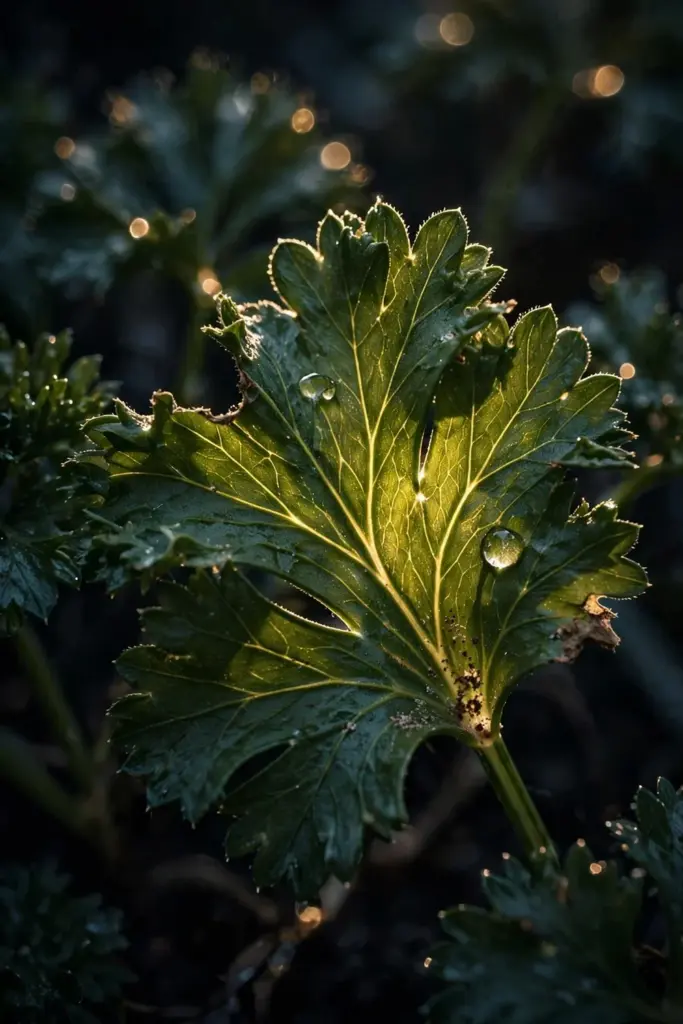 Curly parsley leaf backlit with water beads in a raised bed