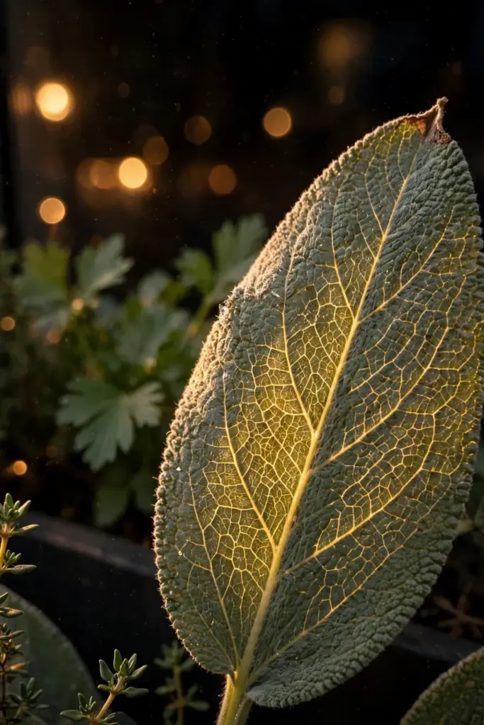 Backlit sage leaf with etched veins beside thyme sprigs