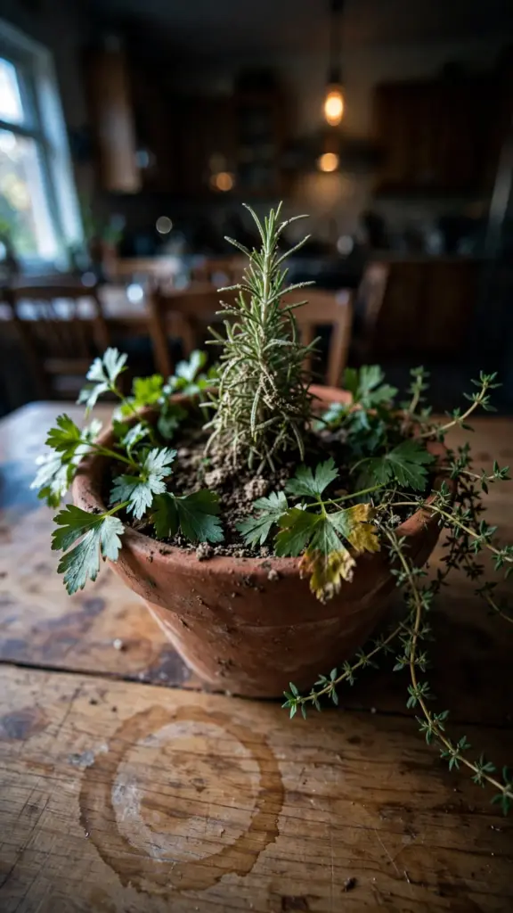 Terracotta pot of upright rosemary, parsley, and trailing thyme on a table