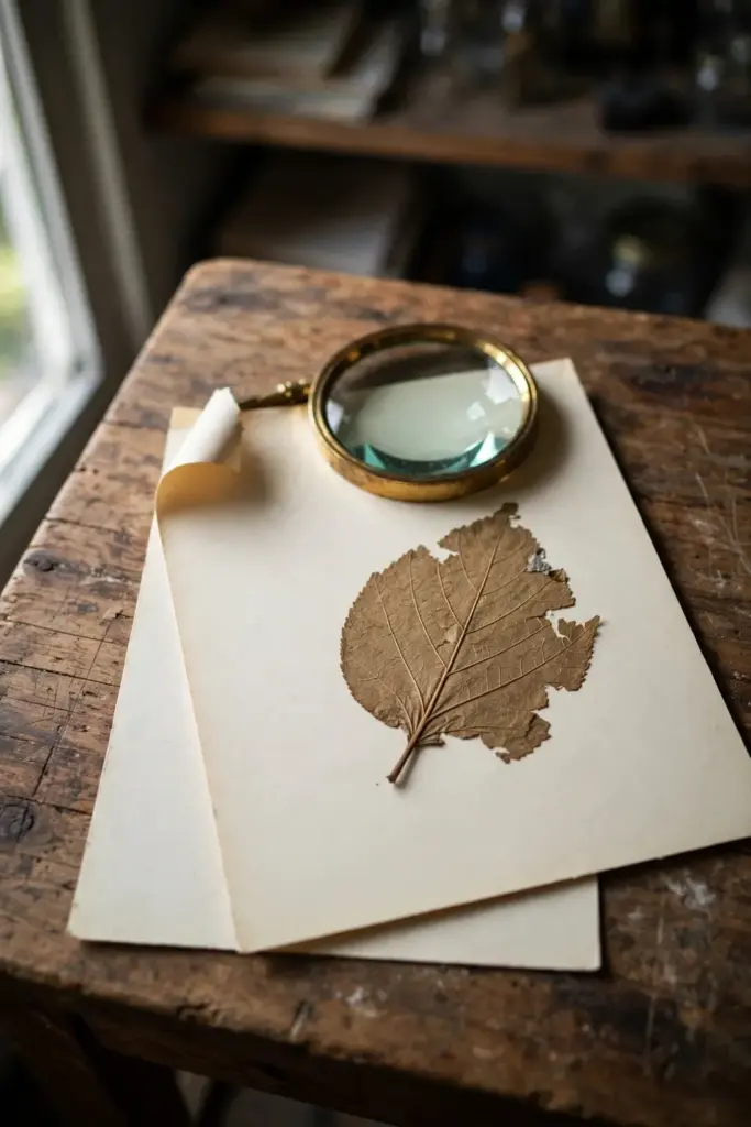 Herbarium sheet with a pressed leaf and a magnifying glass above it