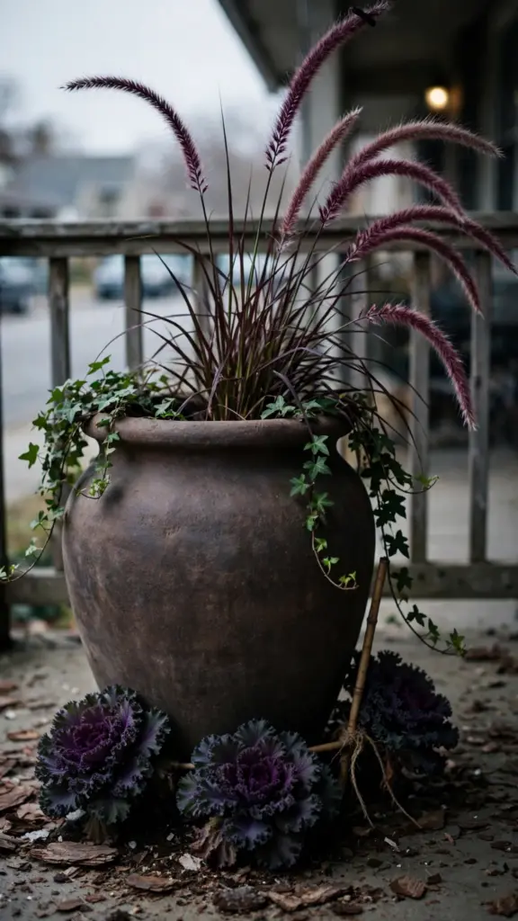 Large urn with purple fountain grass, ornamental kale ring, and trailing ivy
