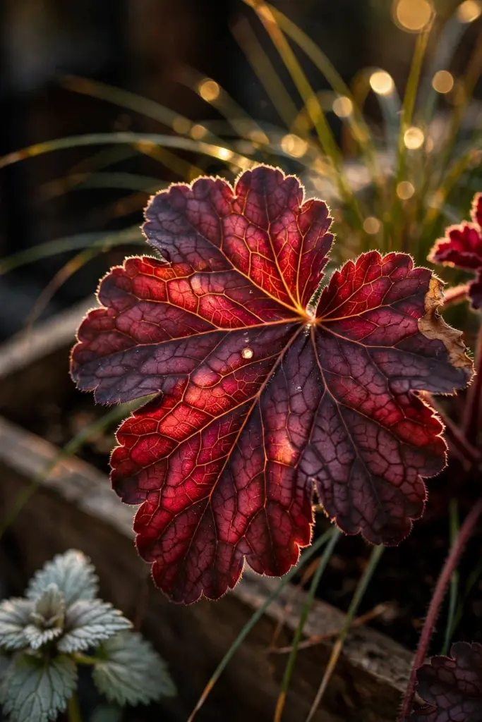 Backlit burgundy heuchera leaf with veins etched in a box