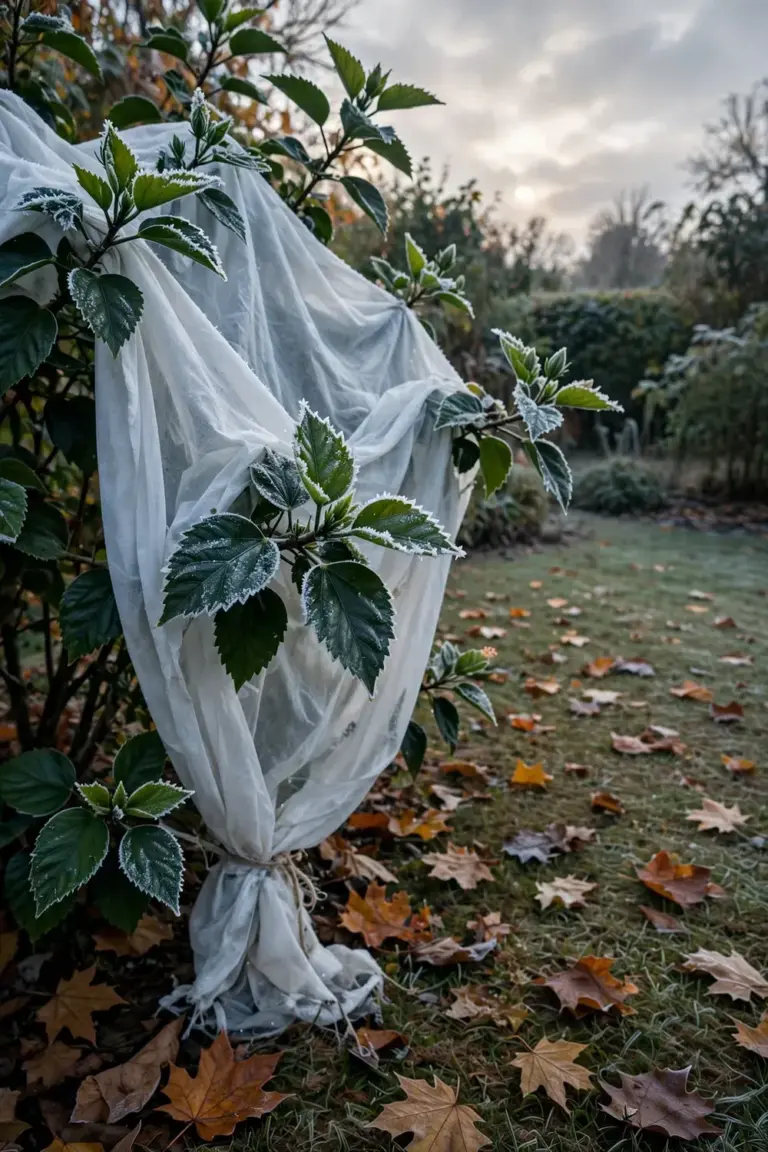 Hibiscus shrub draped in frost cloth on a cold autumn morning with frost crystals on the leaves