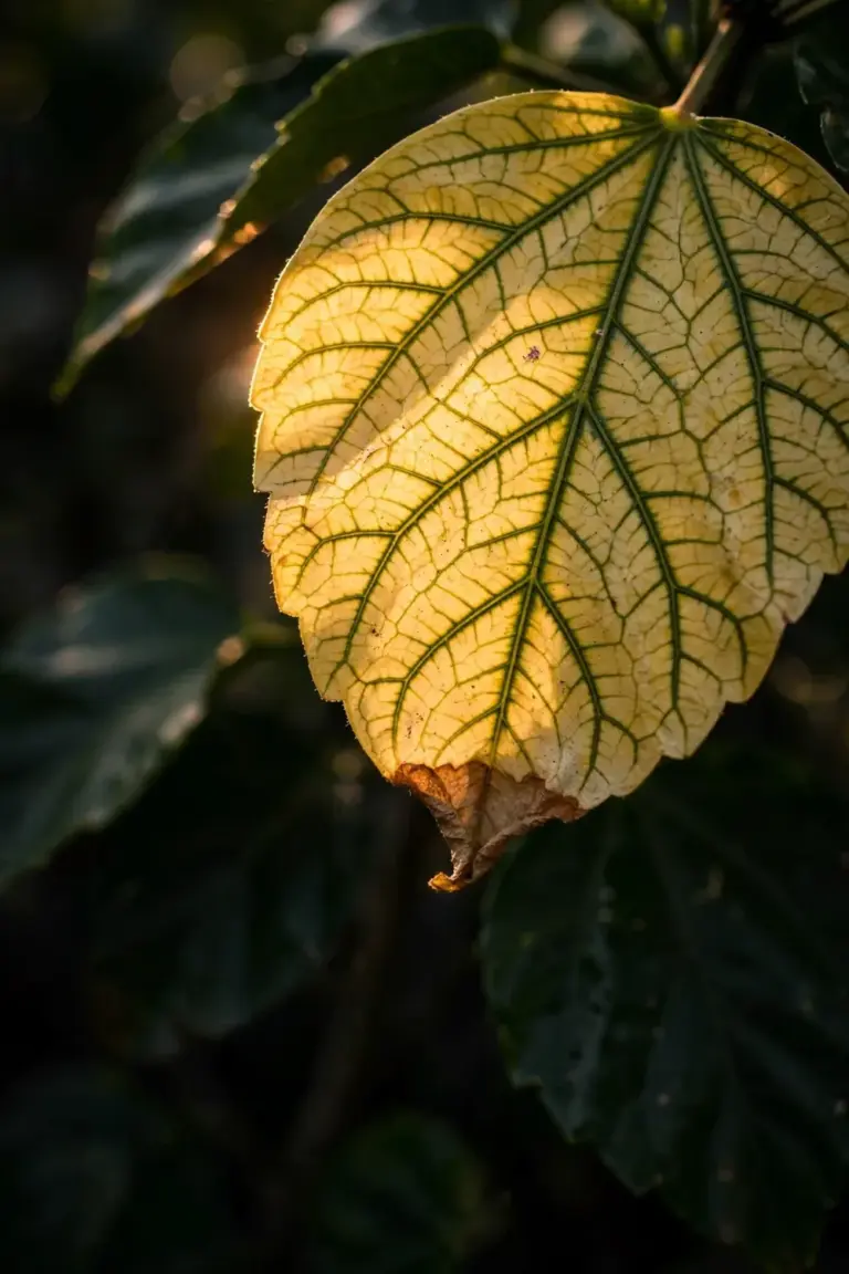 Yellowing hibiscus leaf with green veins showing iron chlorosis against healthy dark green leaves