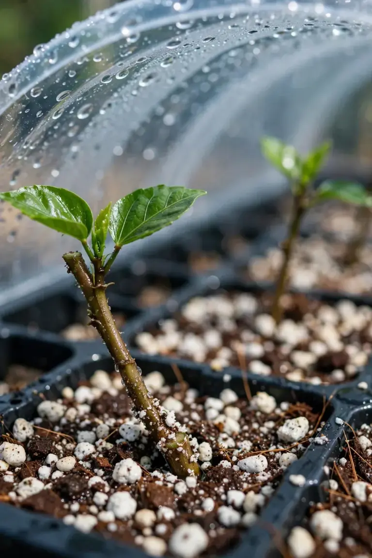 Hibiscus stem cuttings rooting in a propagation tray of perlite and coco coir under a plastic cover