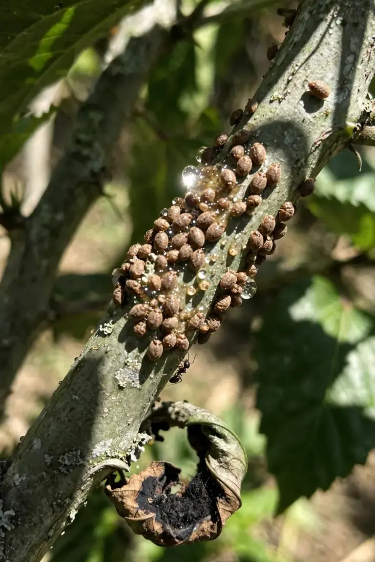 Close-up of scale insects as small brown bumps clustered along a hibiscus stem