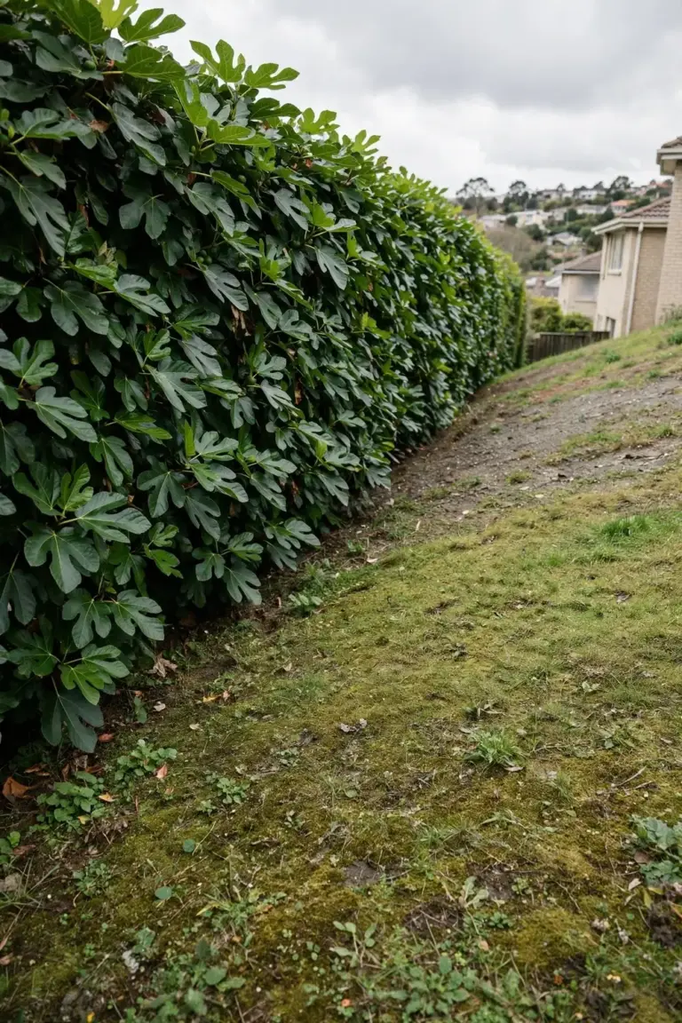 Tall clipped hill's fig hedge on a large block with open lawn
