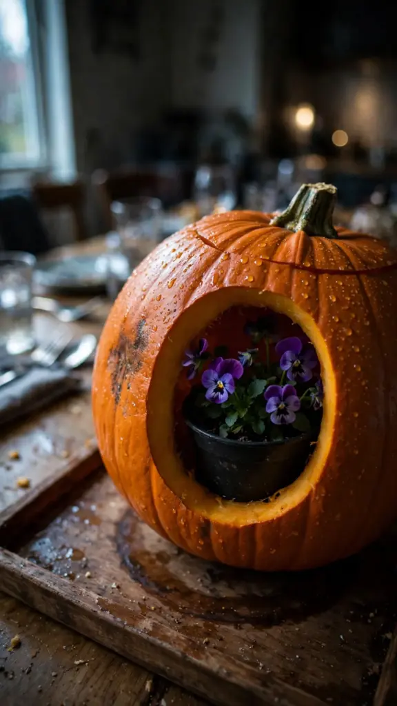 Hollowed pumpkin holding a small potted pansy on a wooden tray