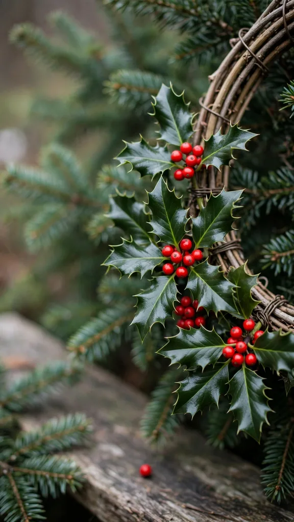 Close view of holly sprigs with red berries and spiny leaves wired to a wreath
