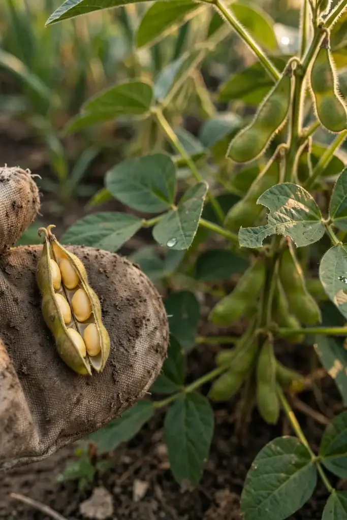 Gardener's mitt holding a split soybean pod of clean yellow seeds in a home garden