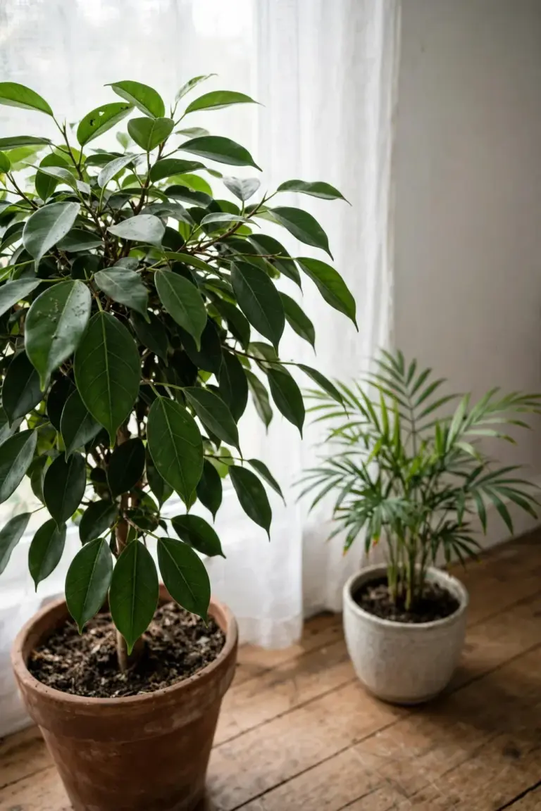 Ficus tree and parlor palm in pots side by side before a bright window