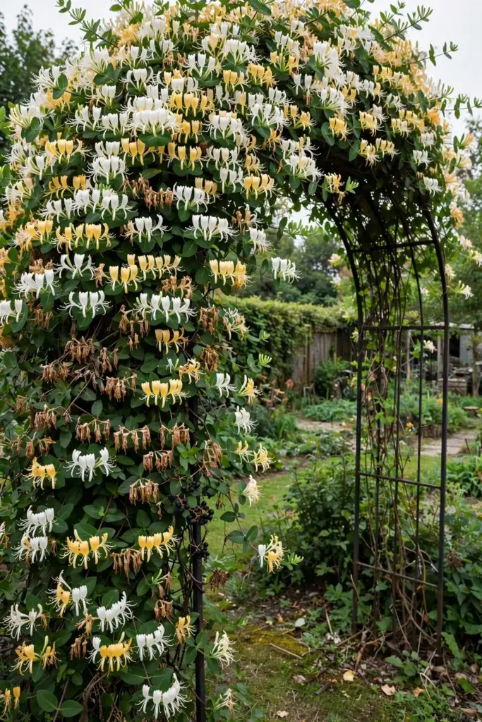 Honeysuckle vine in full white-to-yellow bloom covering a garden arch