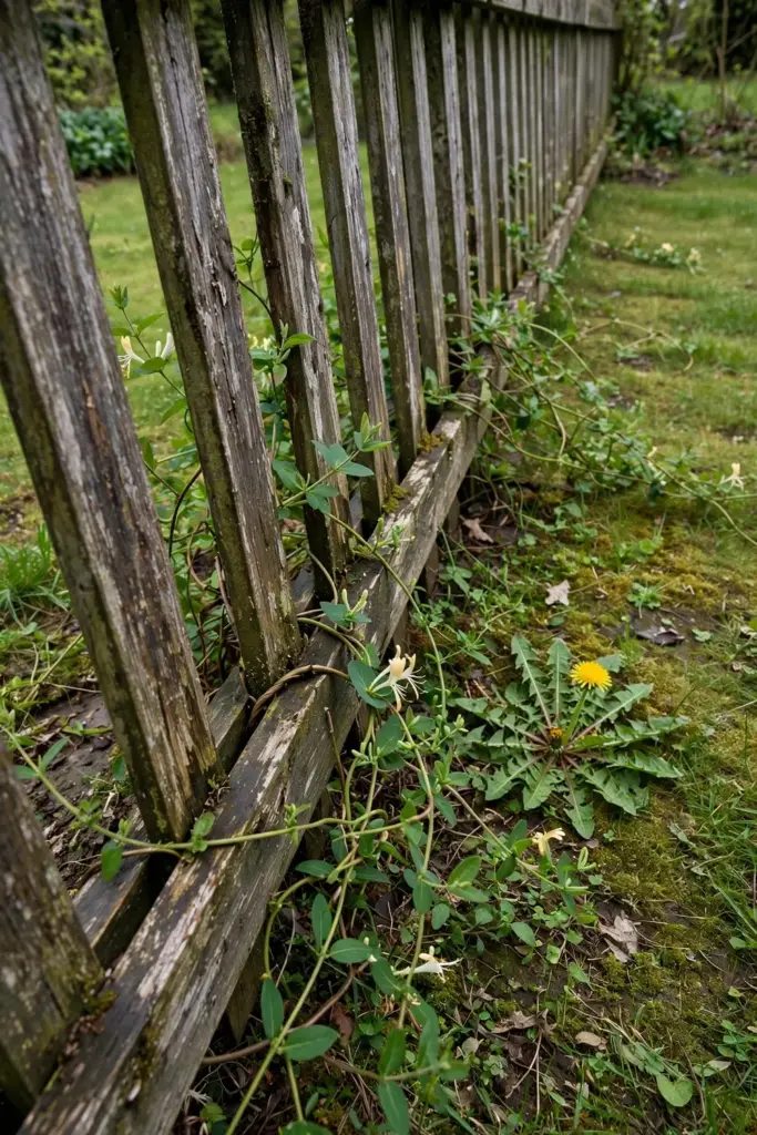 Honeysuckle stems escaping through a fence and rooting in the lawn beyond