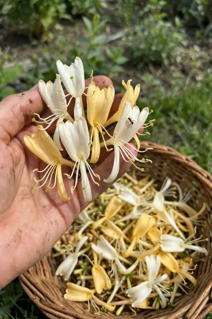 Hand holding freshly picked white-to-yellow honeysuckle flowers over a harvest basket