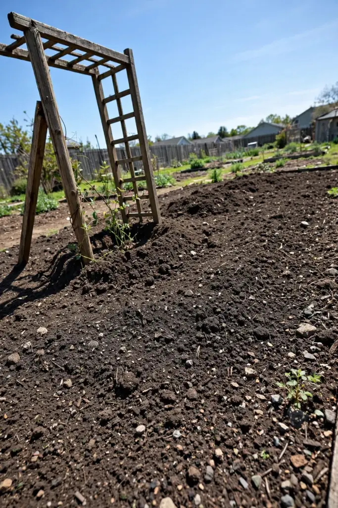 Wooden arch trellis in a sunny open garden bed ready for planting honeysuckle