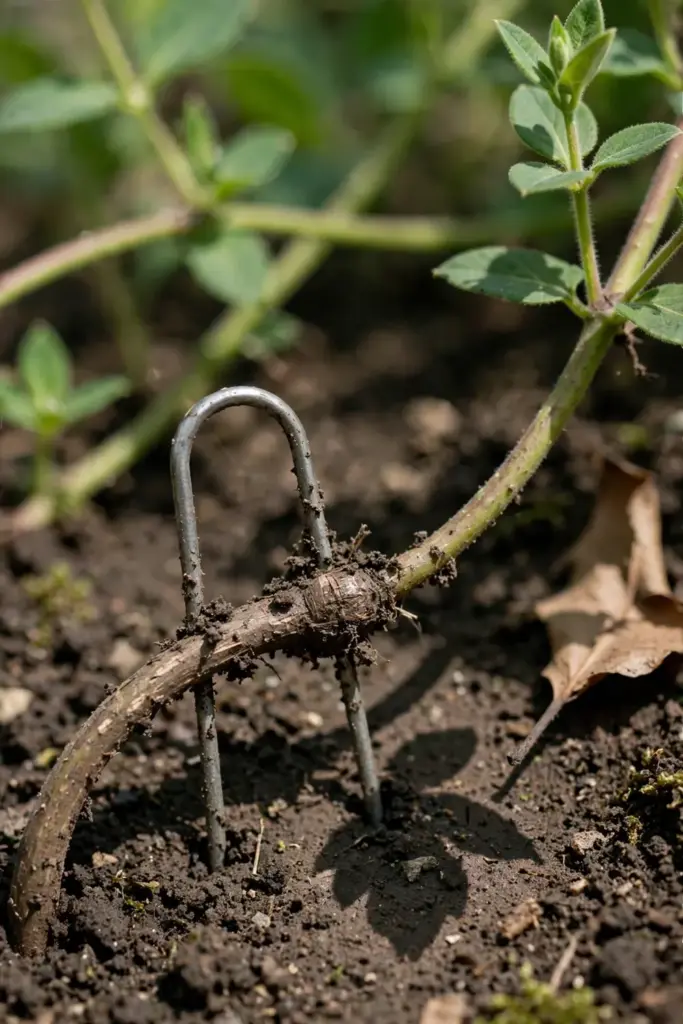 Honeysuckle stem bent into soil and pinned with a landscape pin for layering