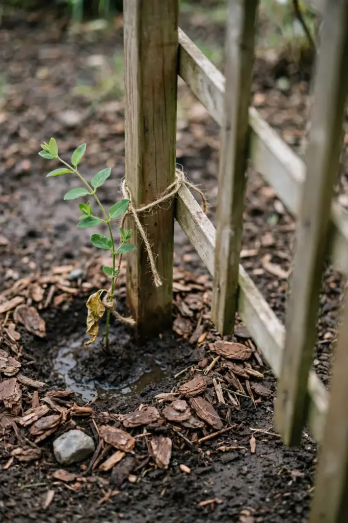 Newly planted young honeysuckle vine tied to a wooden trellis with mulch ring