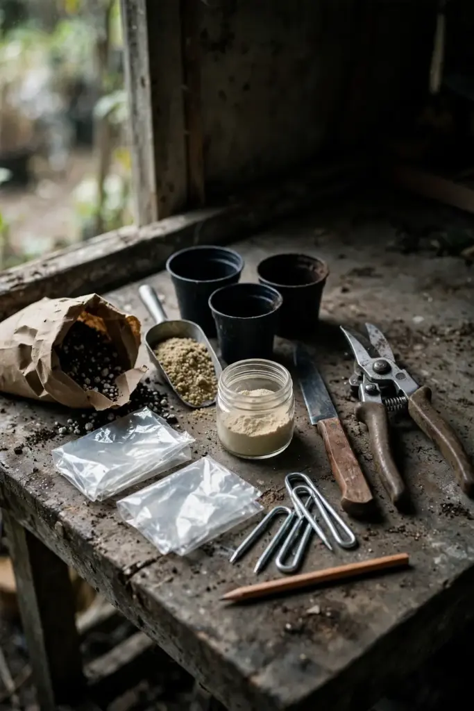 Pruners, knife, rooting hormone, pots, potting mix and pins on a potting bench