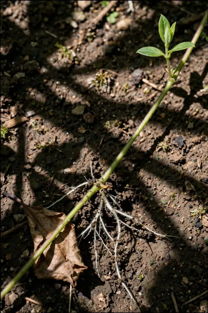 Honeysuckle runner with new rootlets growing where the stem touched soil