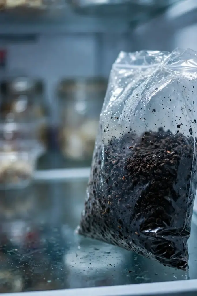 Honeysuckle seeds in moist compost stratifying in a sealed bag in a fridge