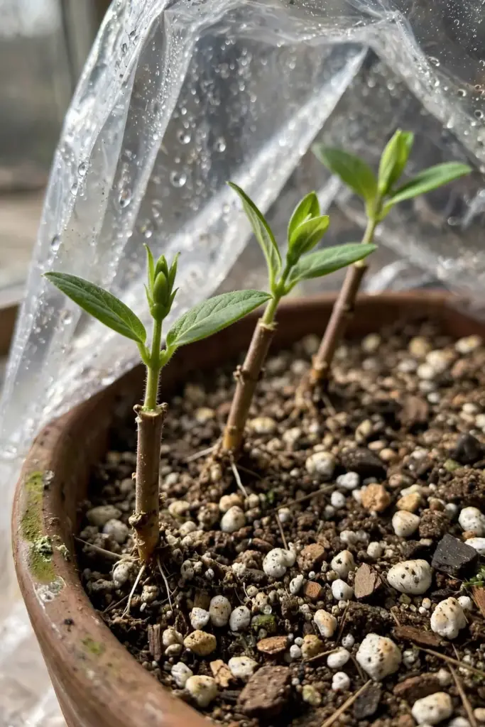 Honeysuckle stem cuttings rooting in a pot under a plastic humidity tent