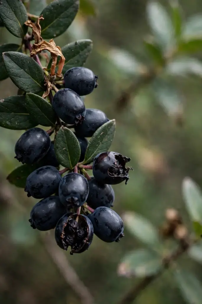 Cluster of glossy black honeysuckle berries among dark green leaves