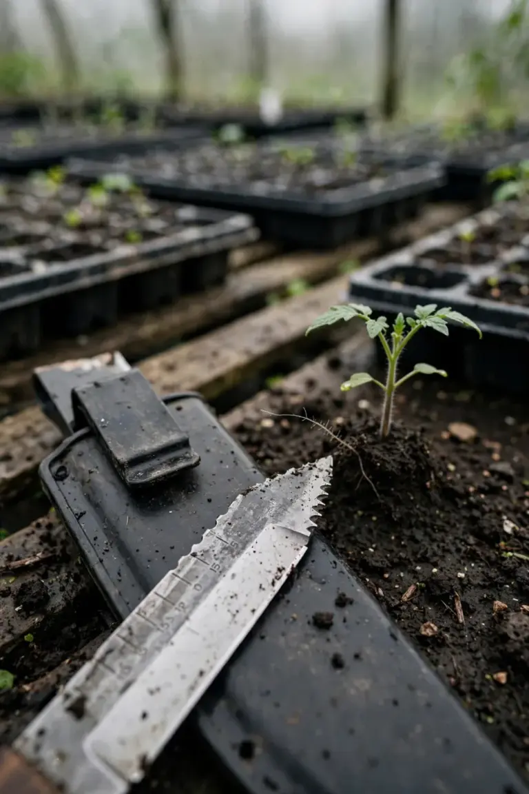 Hori hori soil knife in a belt sheath beside a transplant seedling