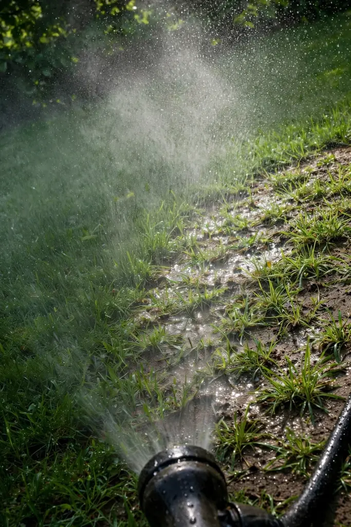 Fine mist from a hose nozzle wetting a newly repaired Buffalo patch