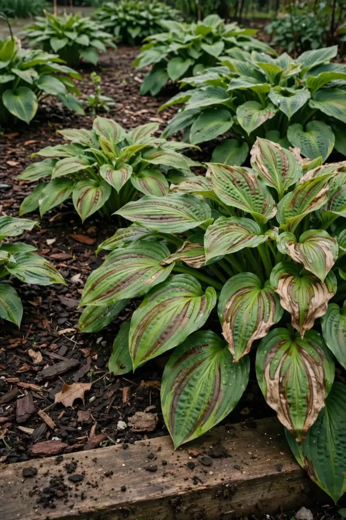 Hosta bed with striped vein-bounded leaf damage across several clumps.