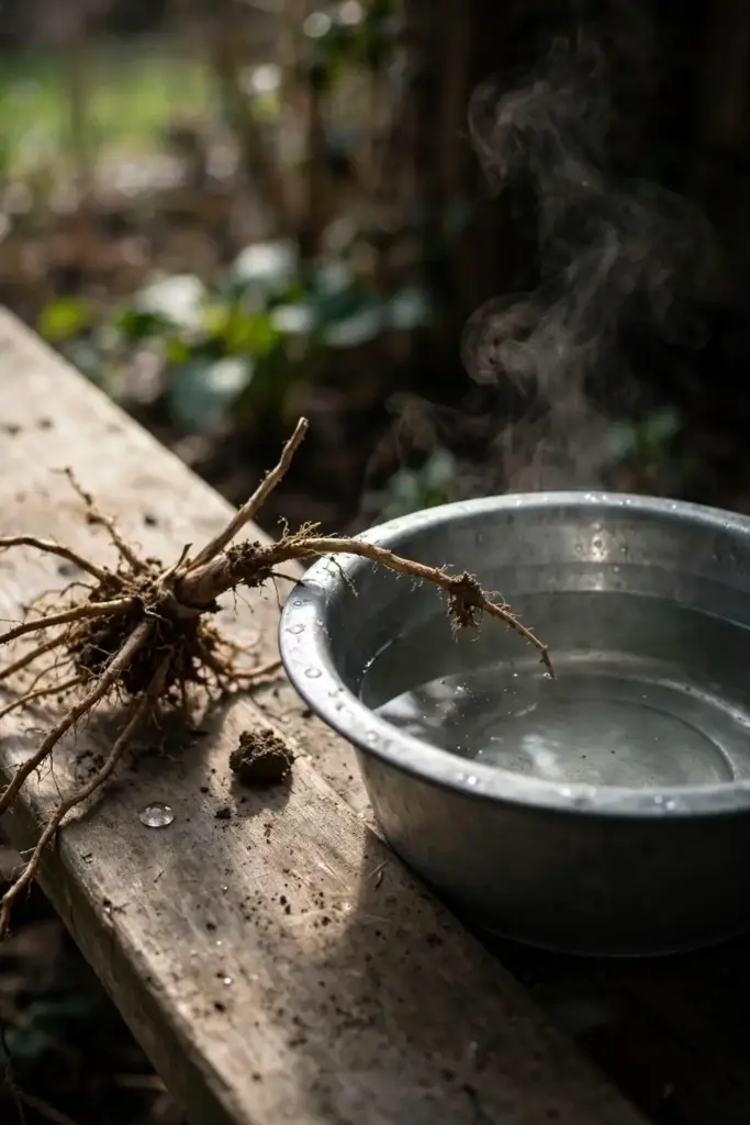 Metal basin of hot water with a dormant hosta crown beside it.