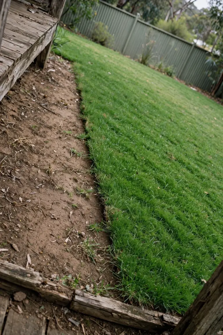 Patchy Australian lawn with bare brown patches beside dense green turf