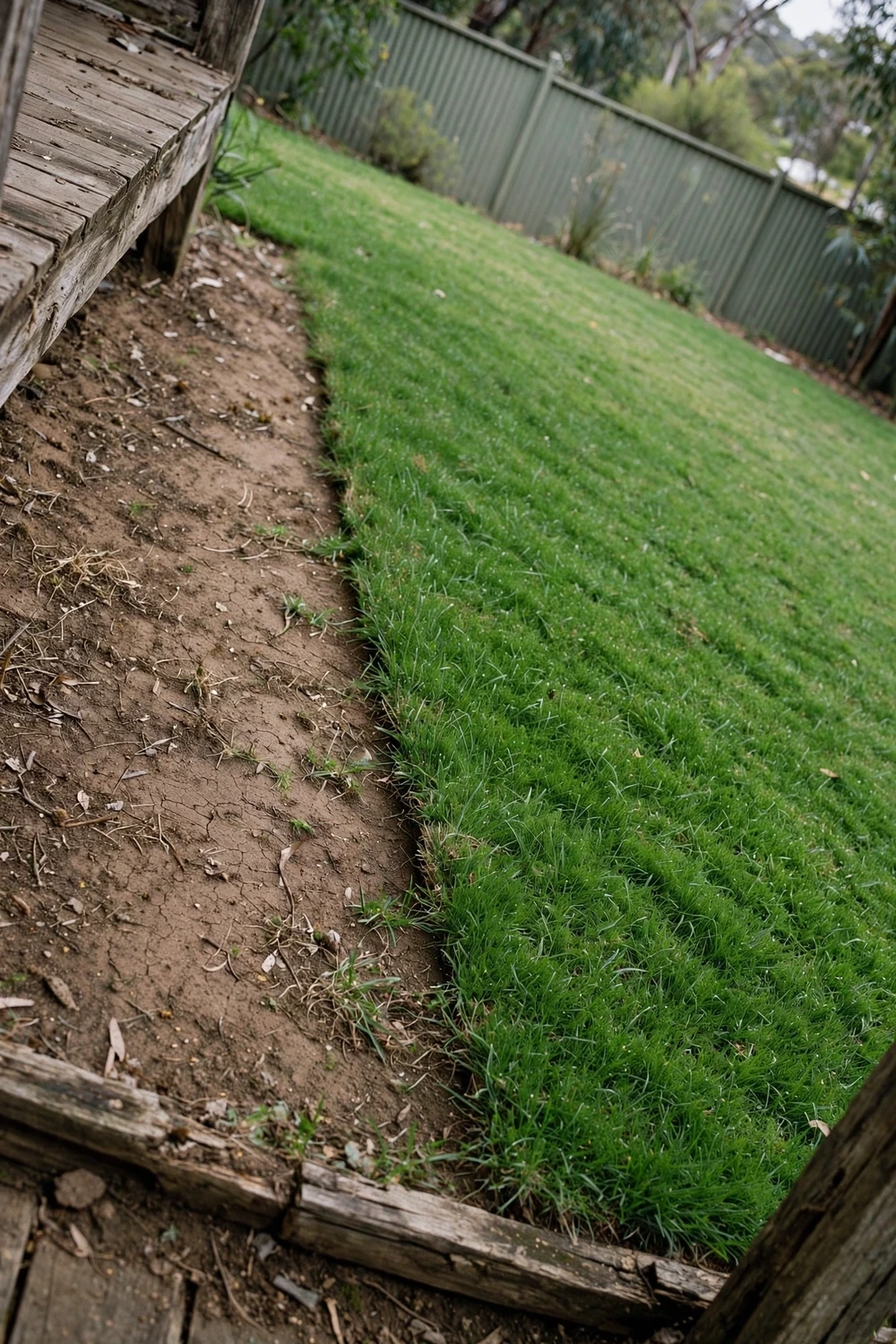 Patchy Australian lawn with bare brown patches beside dense green turf