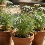 Terracotta pots of ajwain plants with white flower umbels in full sun