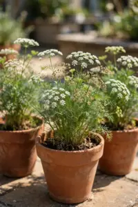 Terracotta pots of ajwain plants with white flower umbels in full sun