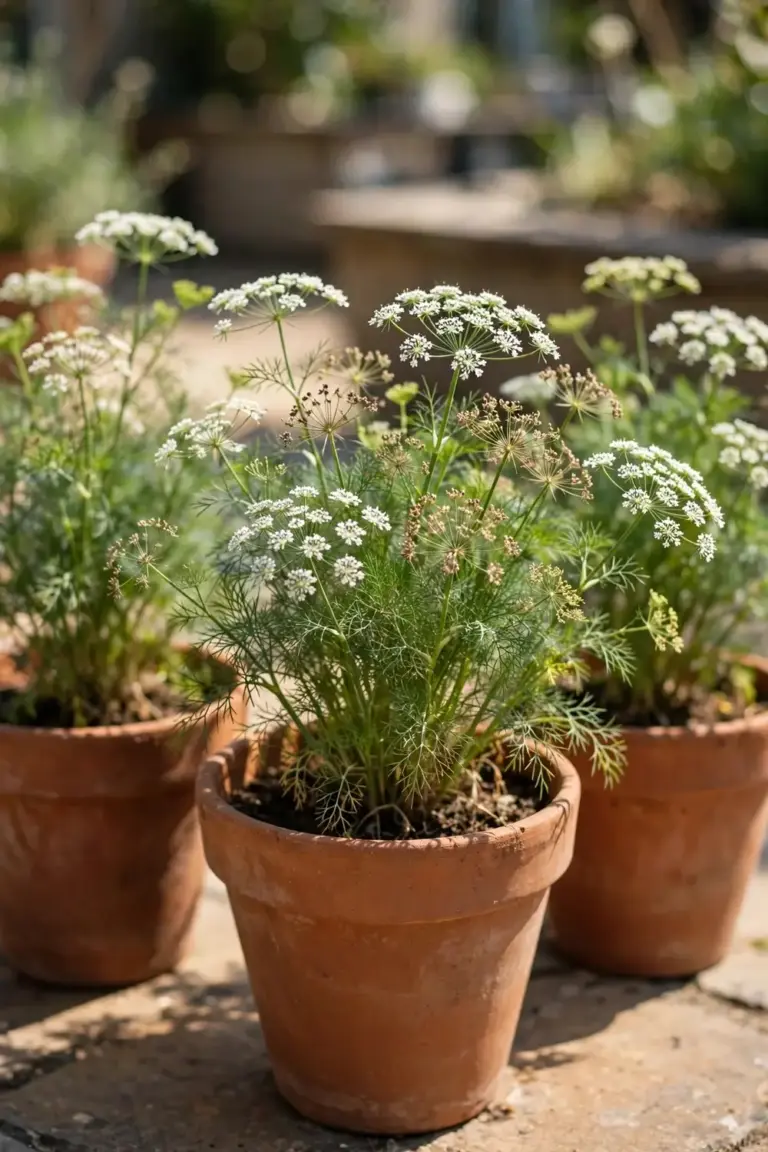Terracotta pots of ajwain plants with white flower umbels in full sun