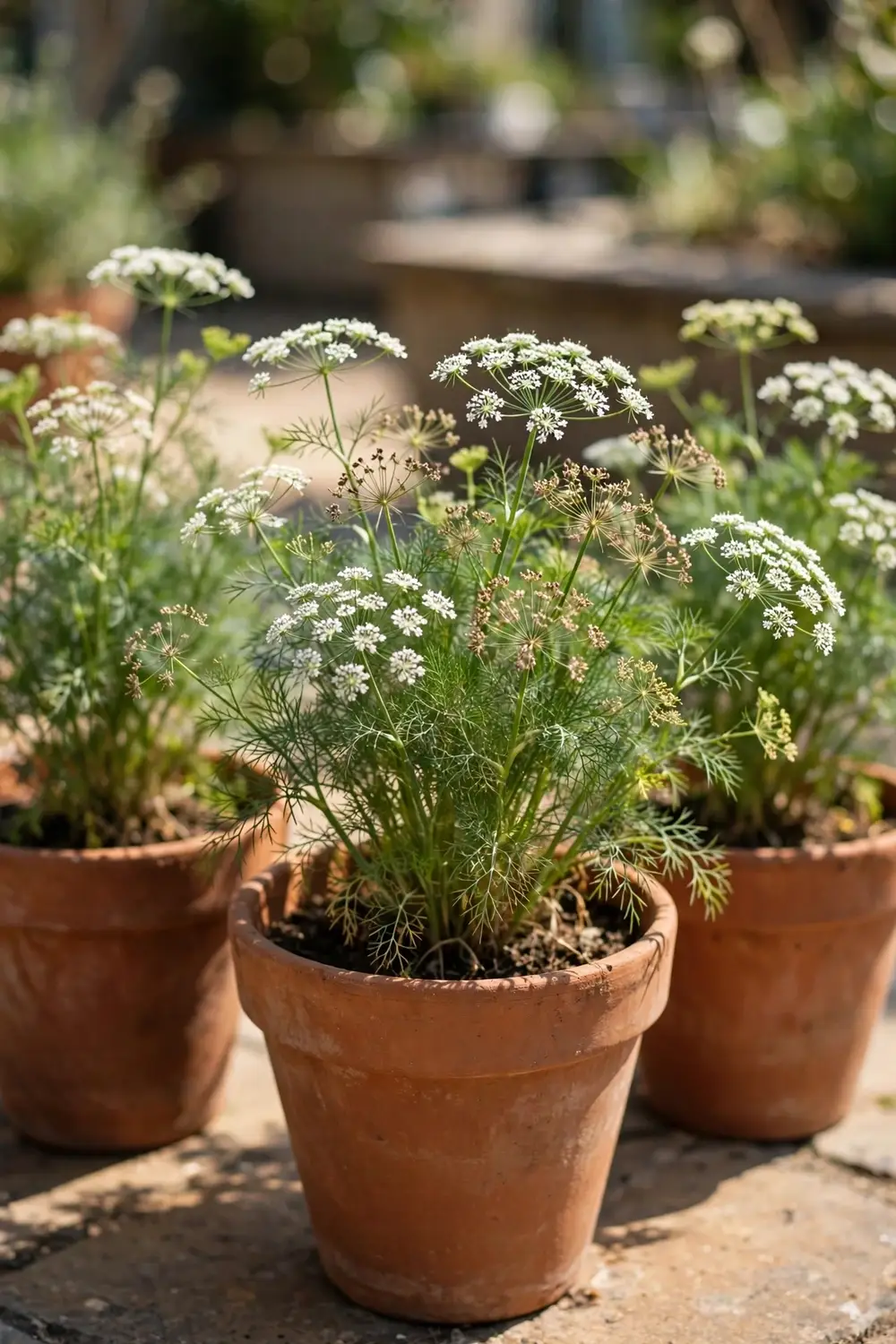 Terracotta pots of ajwain plants with white flower umbels in full sun