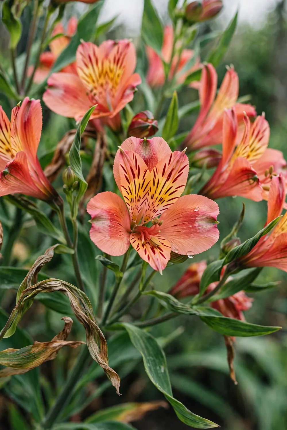 Alstroemeria clump in full bloom with streaked pink-orange flowers and twisted green leaves